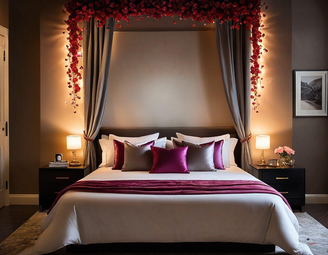 A sensual, inviting bedroom scene featuring soft, warm lighting, with plush pillows and silk sheets. Elements of intimacy like a barely open door revealing candles and rose petals, symbolizing exploration and openness. Include subtle hints of playful accessories like feather boas and massage oils. Emphasize an atmosphere of self-discovery and confidence. super-realistic. vibrant colors. intimate ambiance.