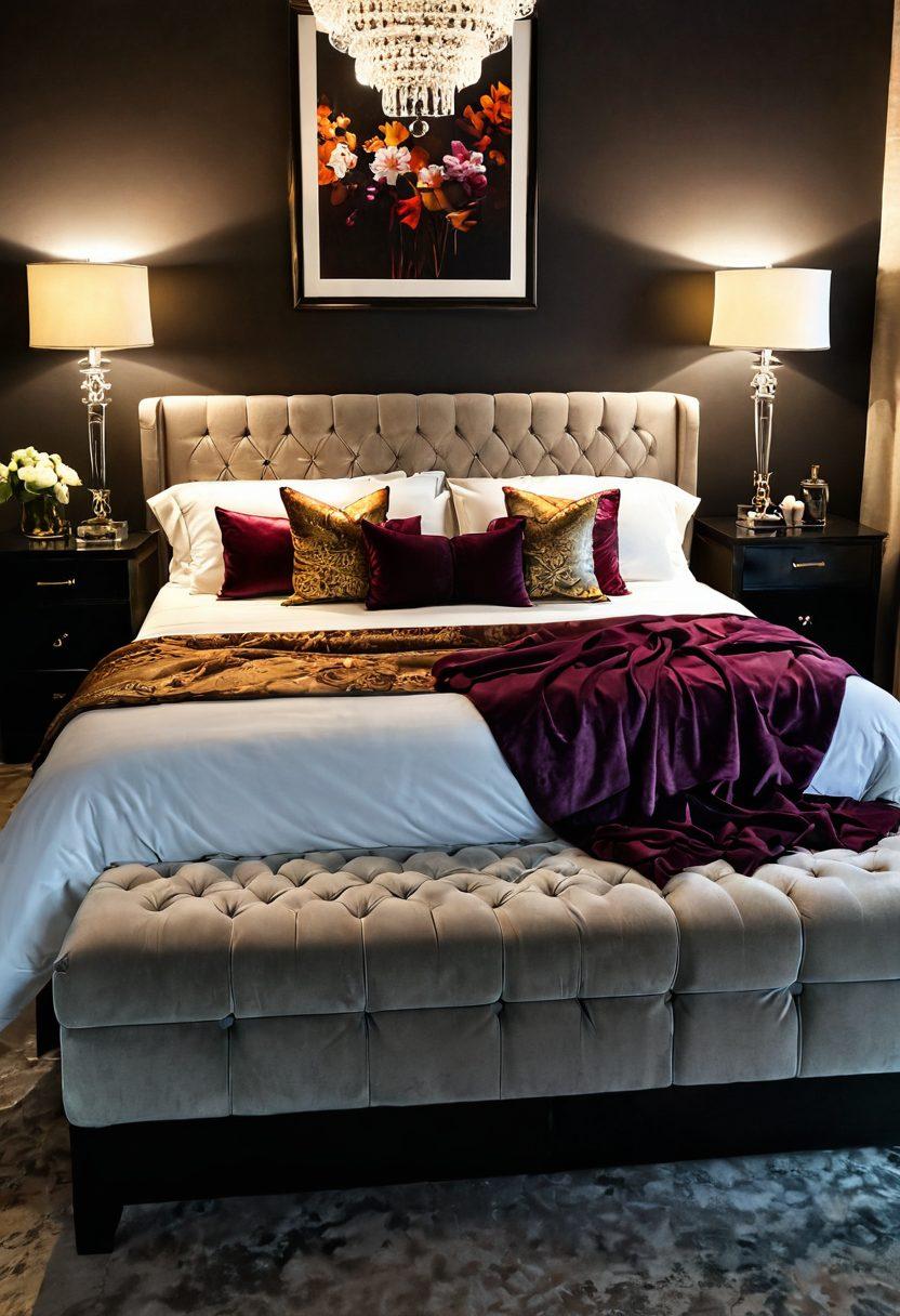 A captivating scene featuring a beautifully set intimate bedroom with soft, dim lighting and luxurious decor. Lush textiles, sensual decor elements, and an elegant wine glass add to the allure. Subtle hints of adult entertainment, like tasteful art and playful accessories, evoke a sense of exploration and desire. Include alluring colors that convey warmth and passion. super-realistic. vibrant colors. seductive atmosphere.