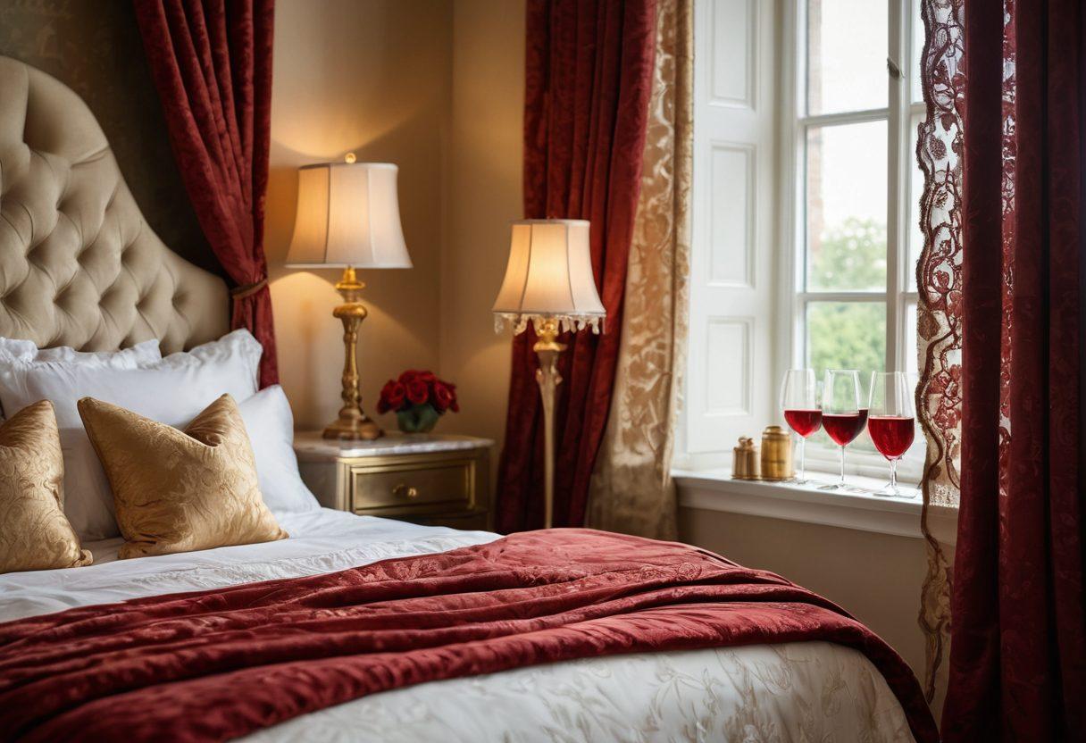 A luxurious and intimate setting featuring a beautifully arranged bedroom with plush velvet bedding, soft candlelight casting warm glows, and tantalizing shades of deep red and gold. Delicate lace curtains flutter gently, while an elegant bottle of wine and two glasses sit on a marble bedside table, hinting at a romantic evening. A subtle hint of exotic flowers adds a touch of sensuality to the atmosphere. dreamy, soft-focus, romantic lighting, vibrant colors.